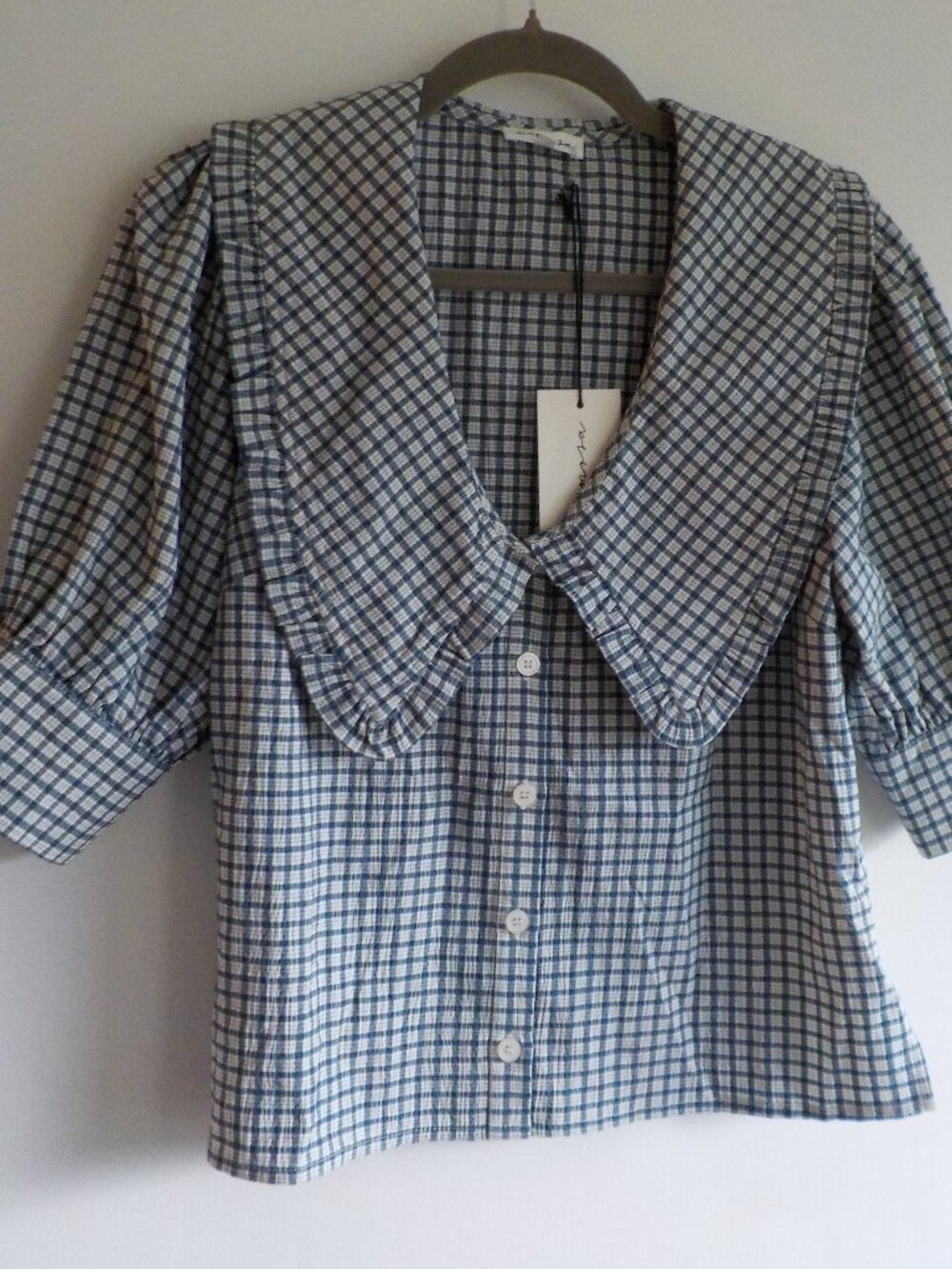 Mimosa Blouse - Small - NWT Blue/White Check Button Ruffle Puff Sleeve (2539)